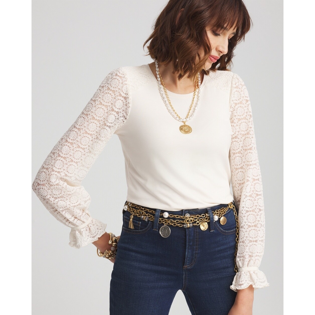 Women's Touch of Cool Lace Sleeve Tee in Cream available now