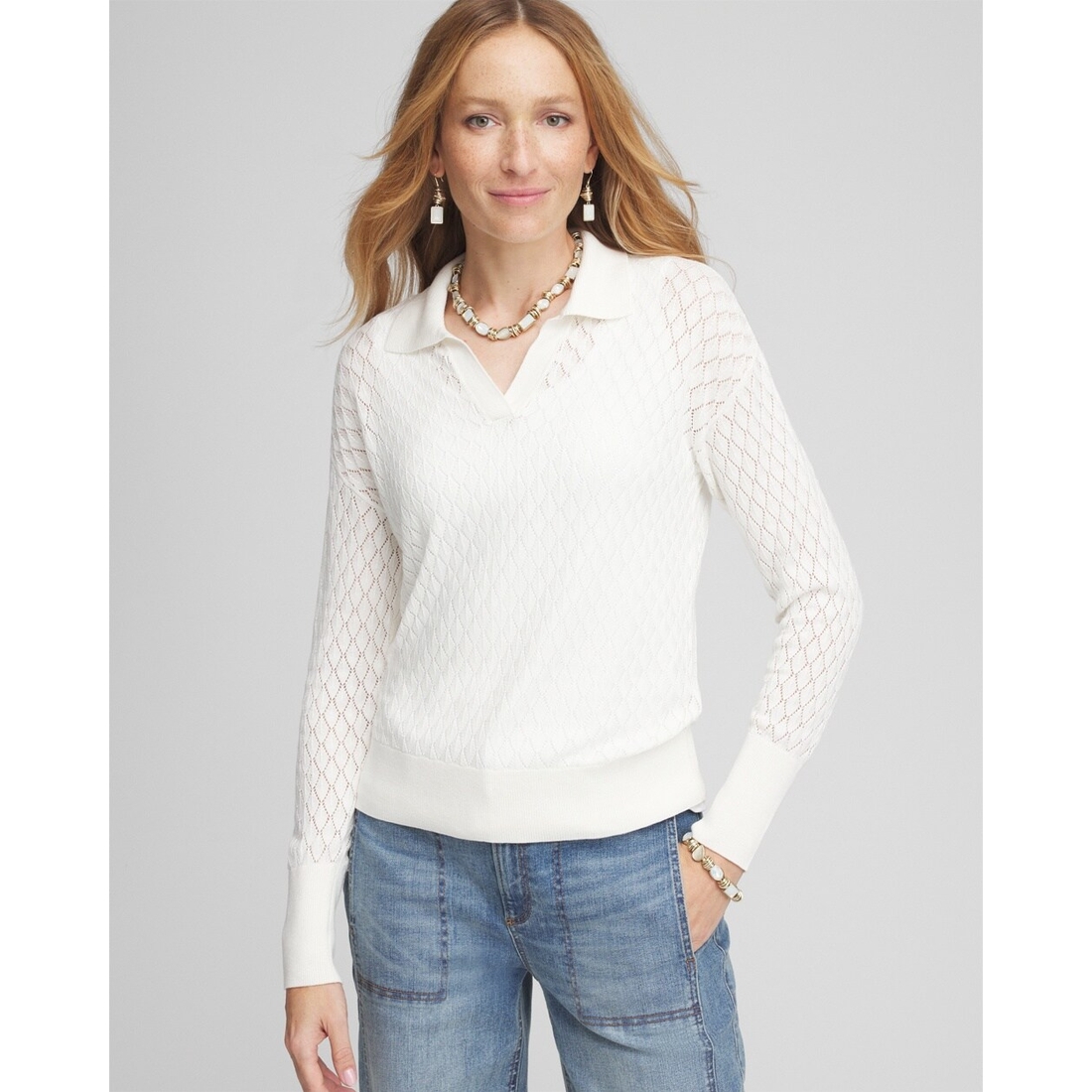 Women's Collared V-Neck Pullover Sweater in White available Women's Collared V-Neck Pullover Sweater in White available