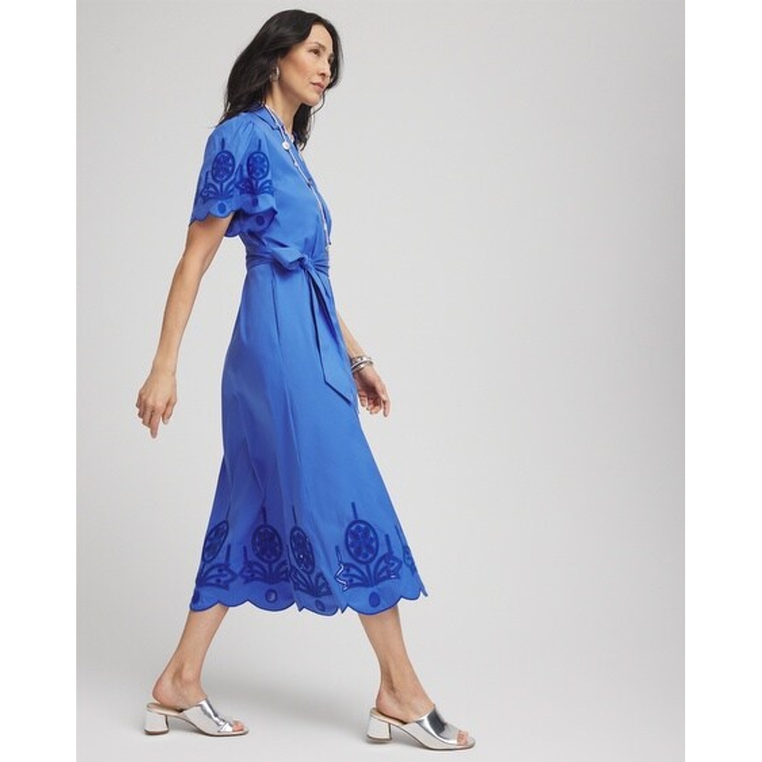 Women's Belted Embroidered Midi Shirtdress in Blue available