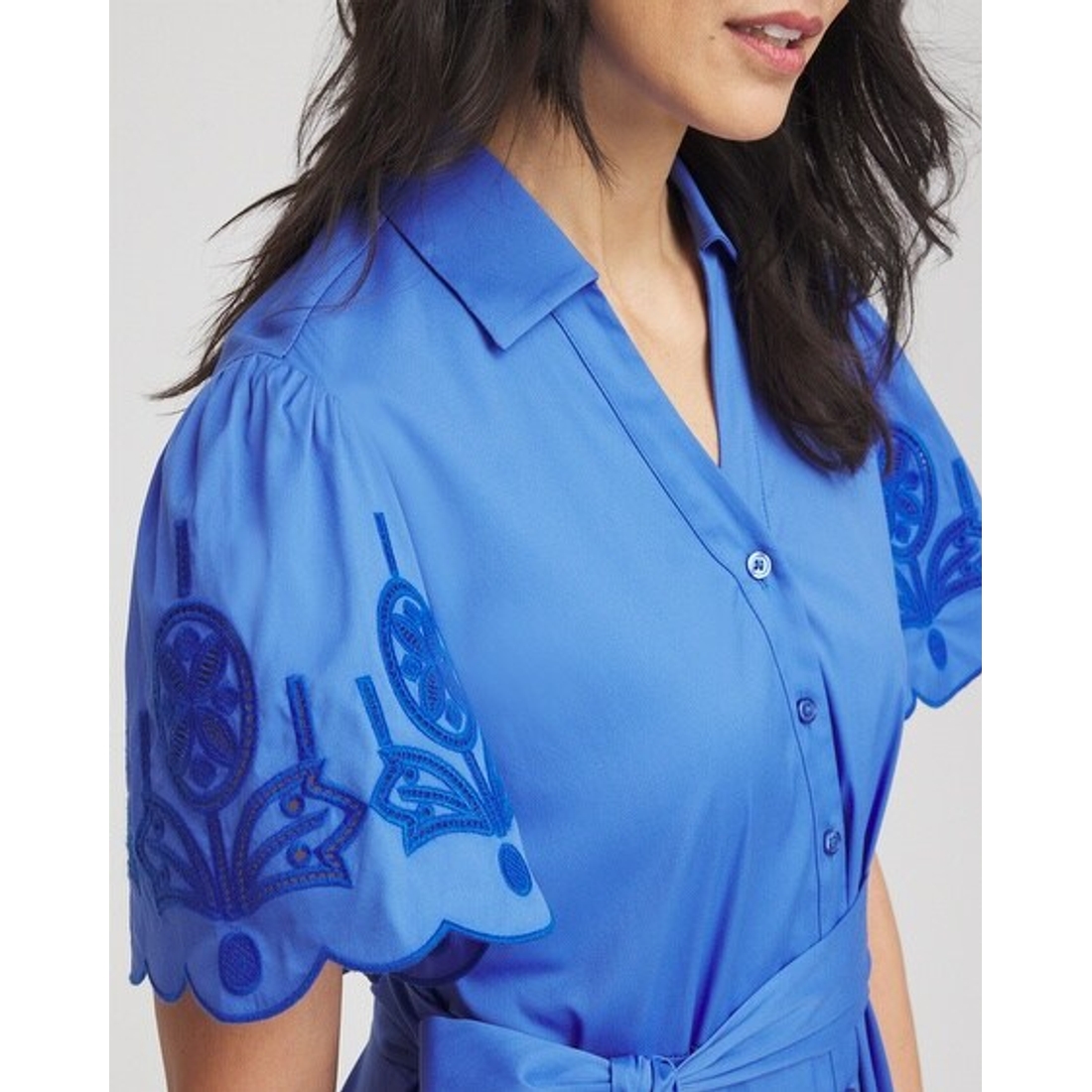 Women's Belted Embroidered Midi Shirtdress in Blue available