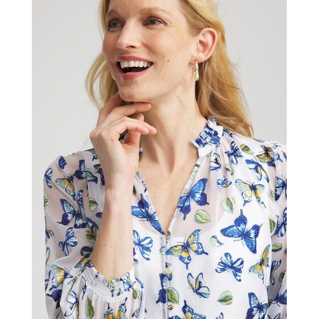 Women's Ruffle Collar Butterfly Burnout Blouse in Blue Women's Ruffle Collar Butterfly Burnout Blouse in Blue