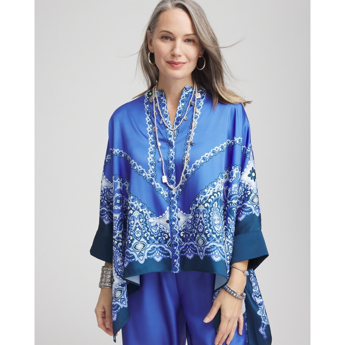 Women's Paisley Splitneck Pleated-Cuff Poncho in Blue Women's Paisley Splitneck Pleated-Cuff Poncho in Blue