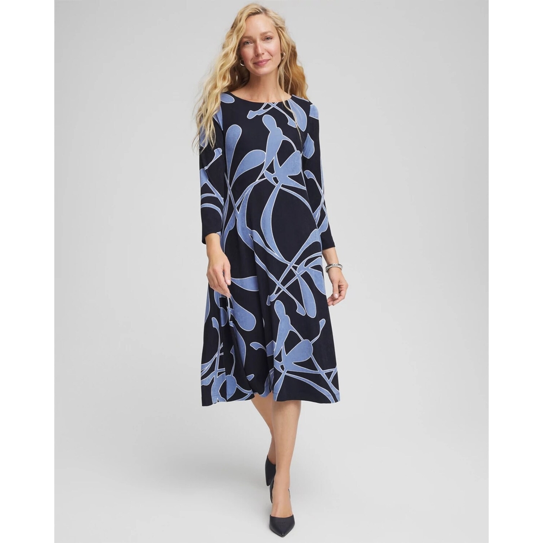 Women's Travelers Abstract Midi Dress in Blue Wrinkle-Free Travel Clothing available now at The Shops at Mission Viejo Women's Travelers Abstract Midi Dress in Blue Wrinkle-Free Travel Clothing available now at The Shops at Mission Viejo