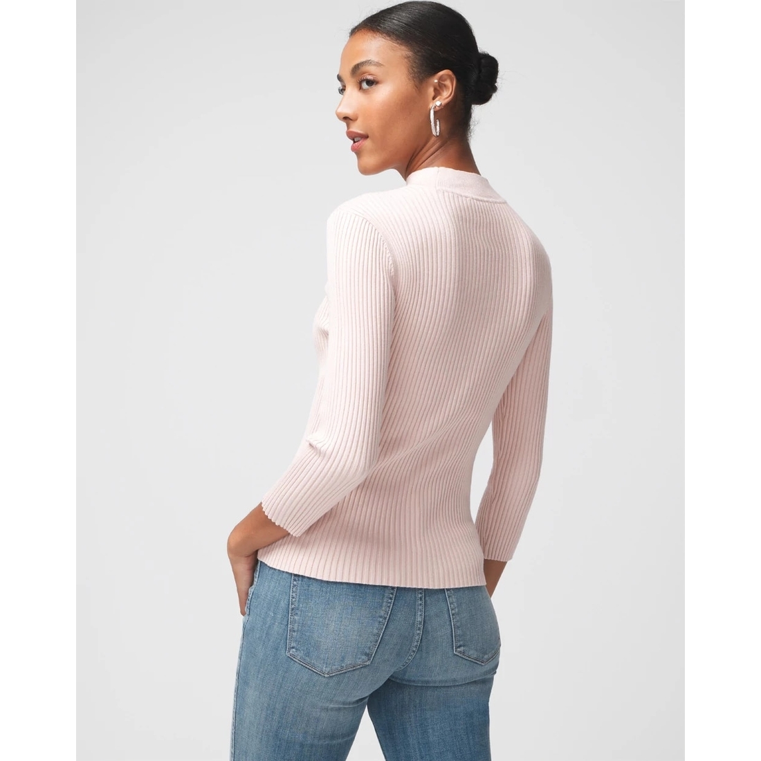 3/4 Sleeve Cutout Mockneck Pullover Sweater available now at