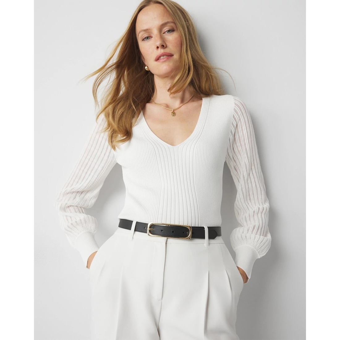 Sheer Sleeve V-Neck Sweater available now at The Falls® Sheer Sleeve V-Neck Sweater available now at The Falls®