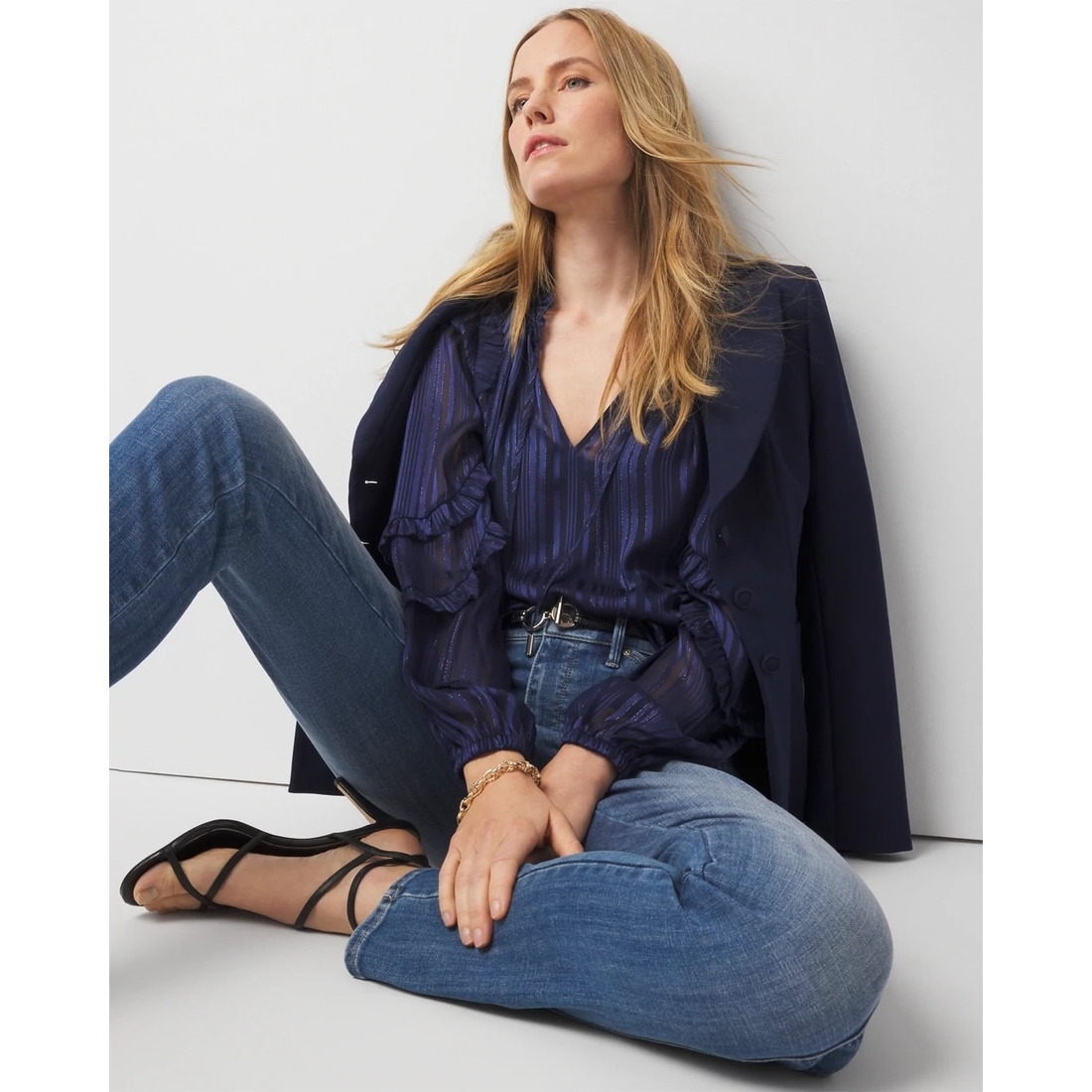 Petite Ruffle Sleeve Sheer Striped Blouse available now at