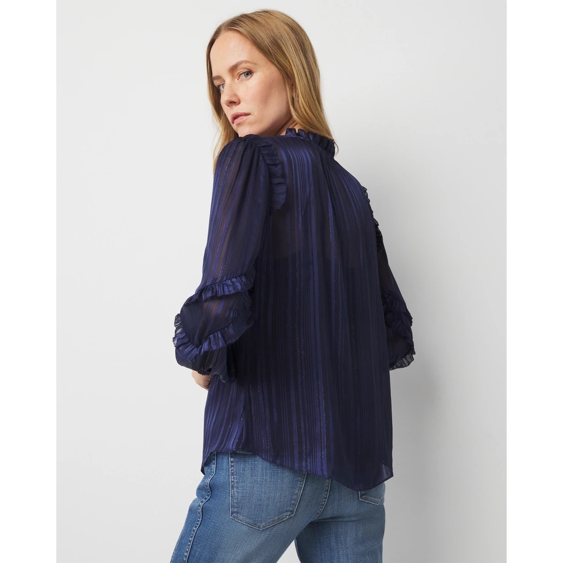 Petite Ruffle Sleeve Sheer Striped Blouse available now at