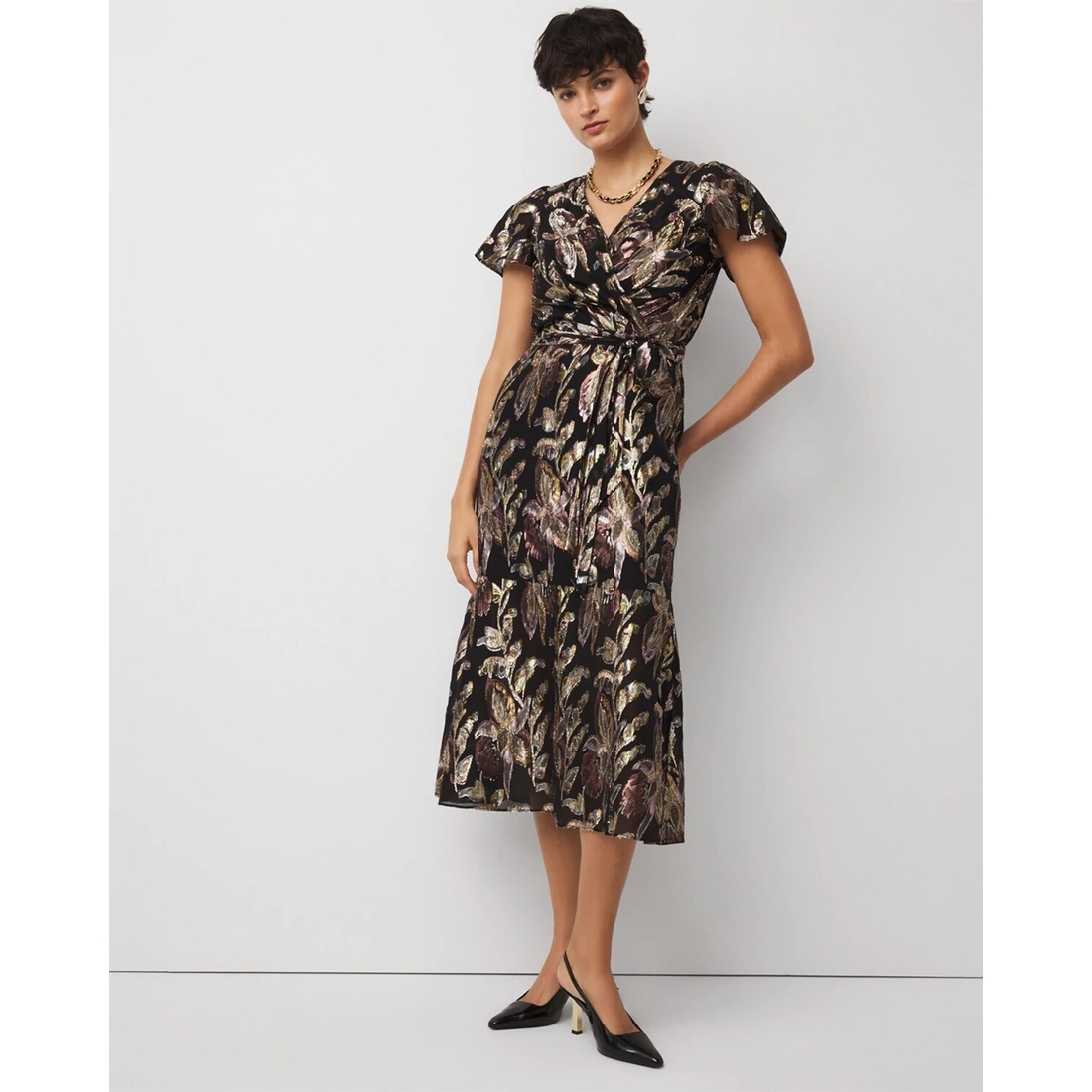 Metallic Floral Surplice Midi Dress size 10 available now at Ross Park Mall
