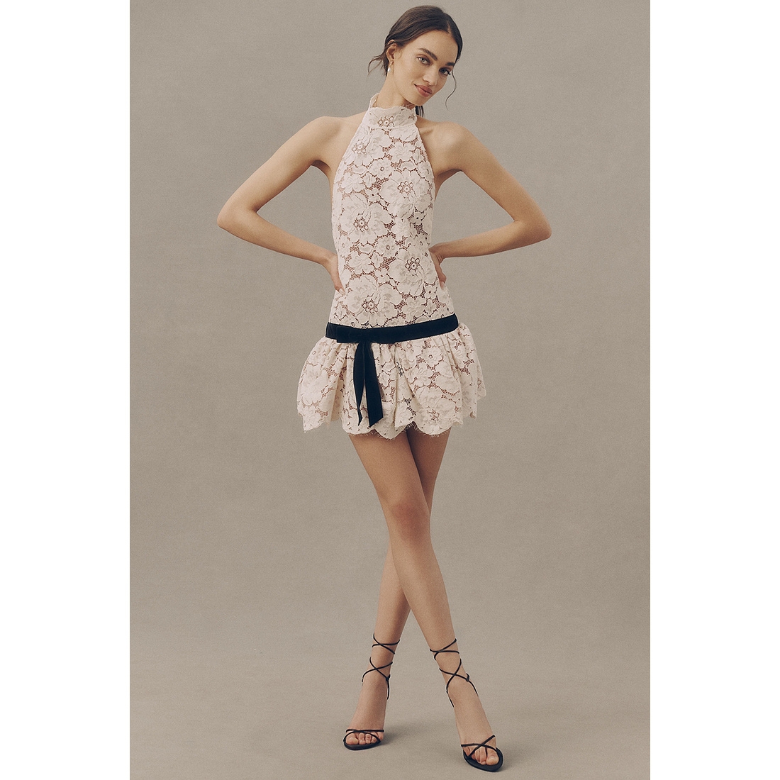 Cicely High-Neck Drop-Waist Open-Back Lace Mini Dress available now at  Fashion Valley