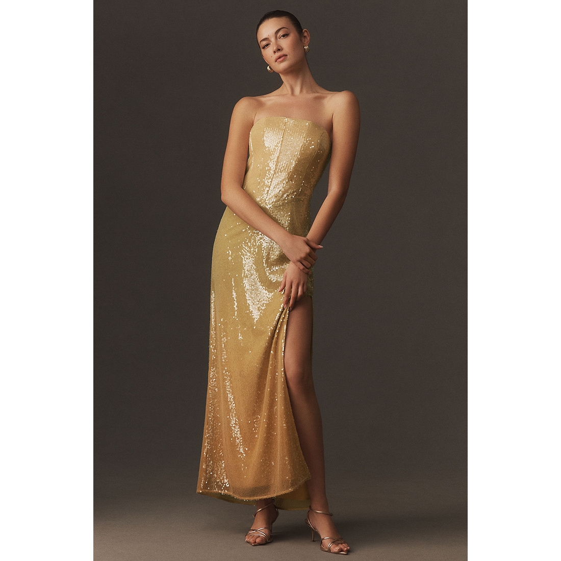 chinese dress ladies Macloth Strapless Long Sequin Gold Formal Evening Gown Simple Prom Dress US16 / Custom Color