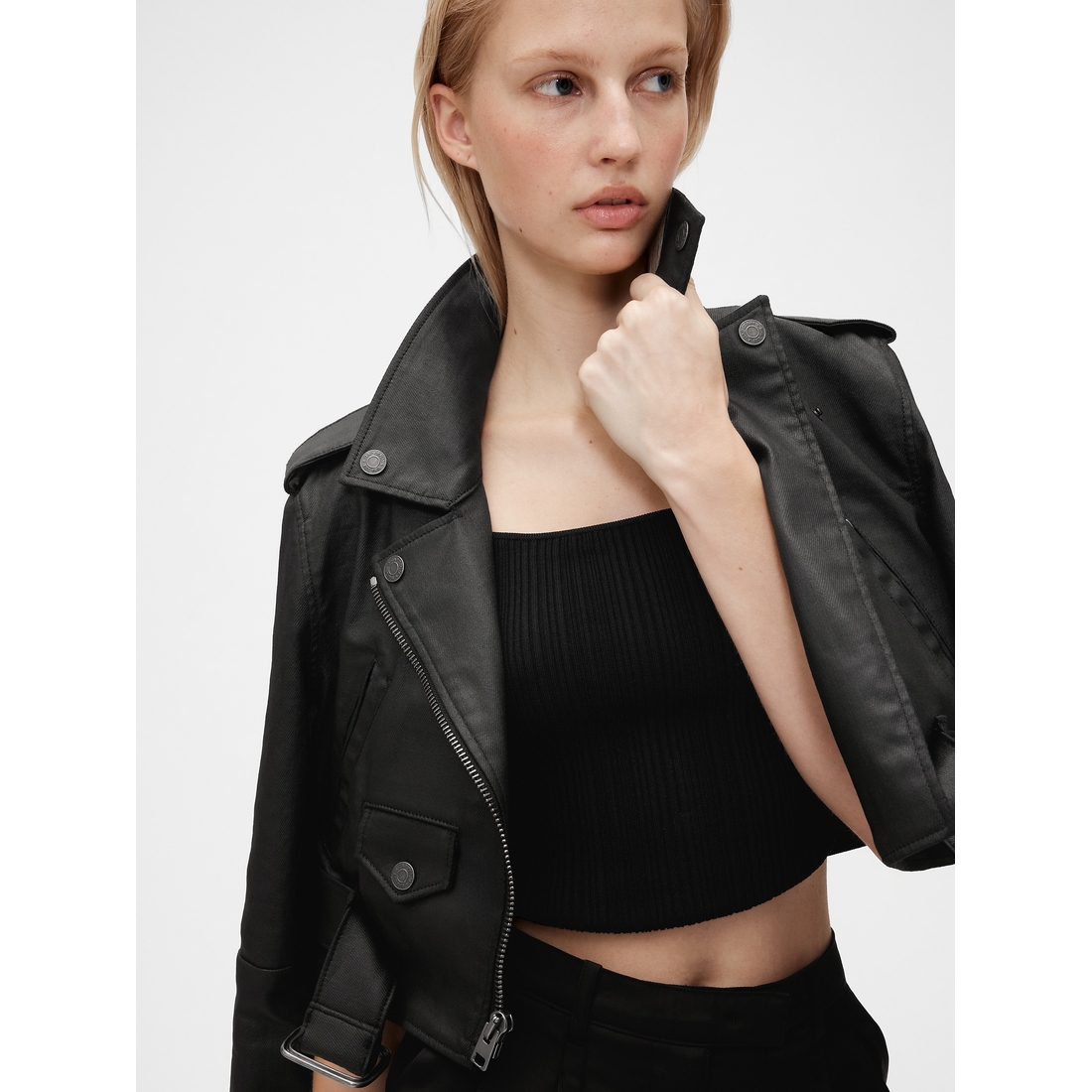 no mass prod cropped moto denim jacket