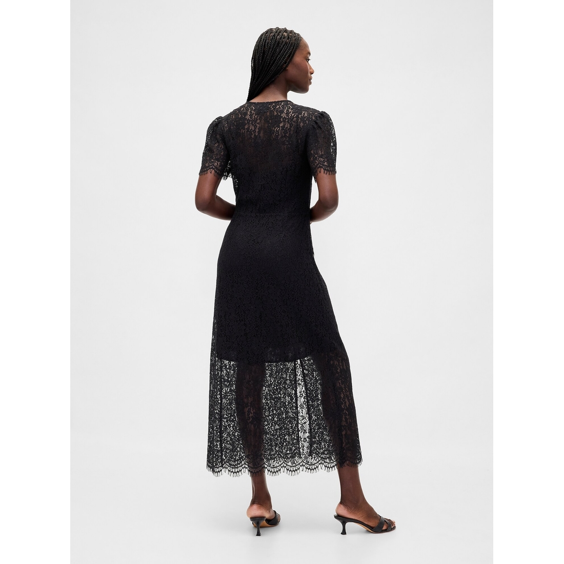 open lace back dress White Lace Midi Dress with V Neck MEERA