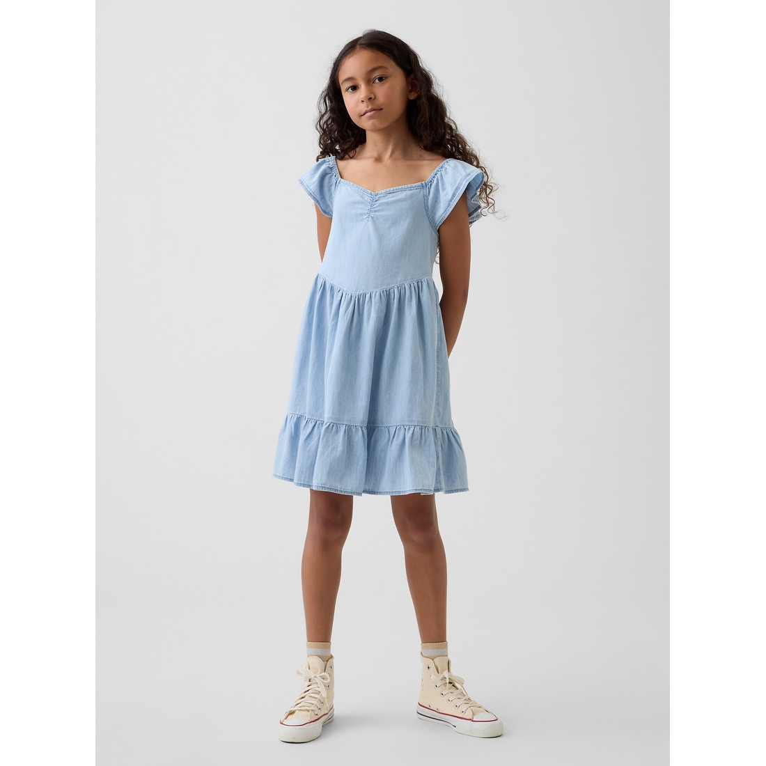 flutter sleeve denim dress CREWNK FLUTTER SLEEVE A LINE DRESS