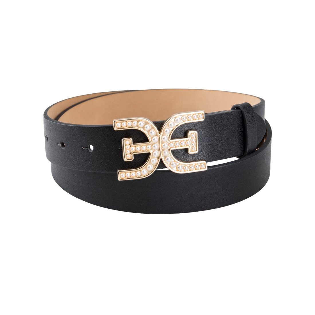 Imitation Pearl Embellished Double-E Logo Plaque Buckle Leather Belt Sam Edelman 30MM CASUAL LEATHER W/EDGE STITCH (WITH SILVER  main image 4