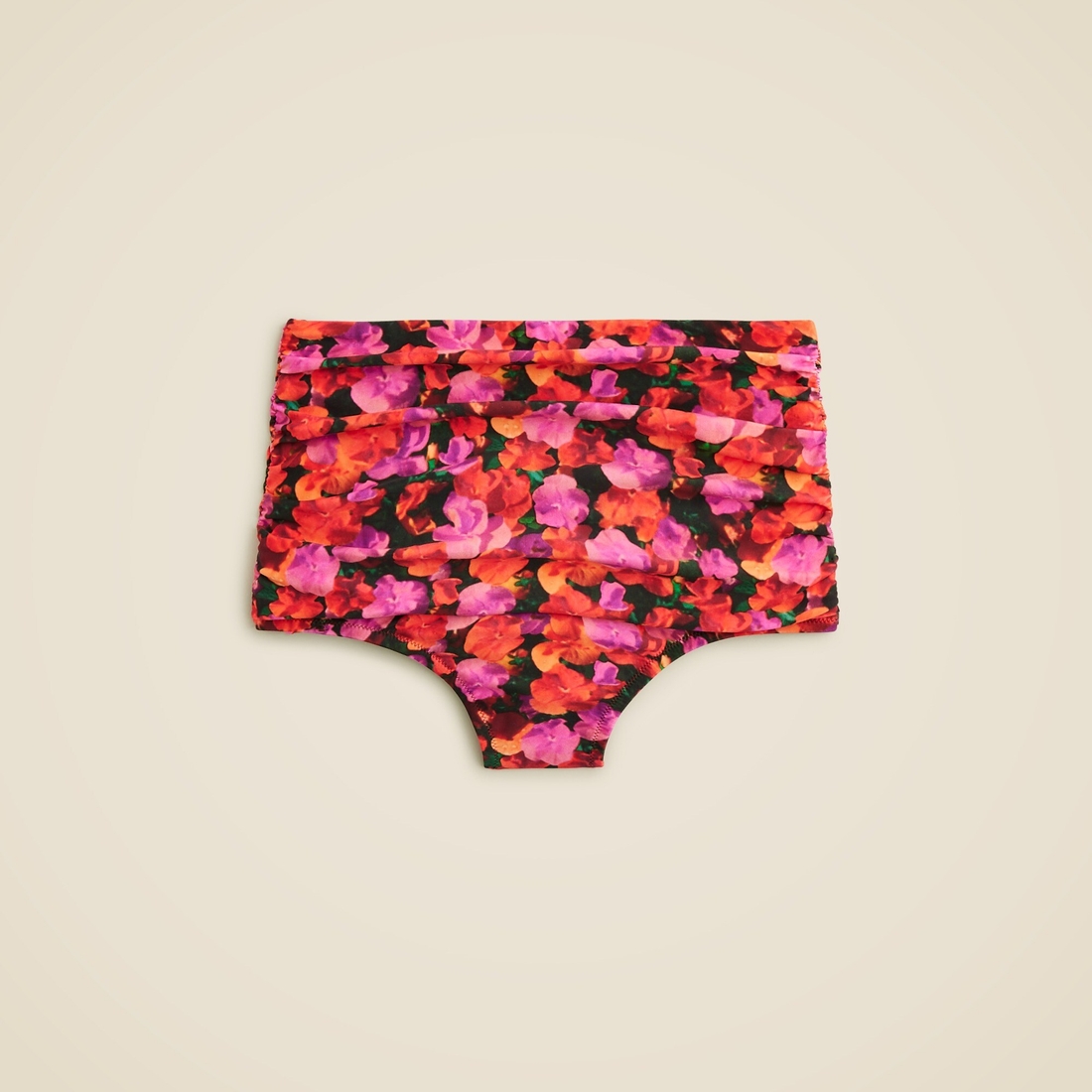 Ruched high-rise bikini bottom in pansy floral available now