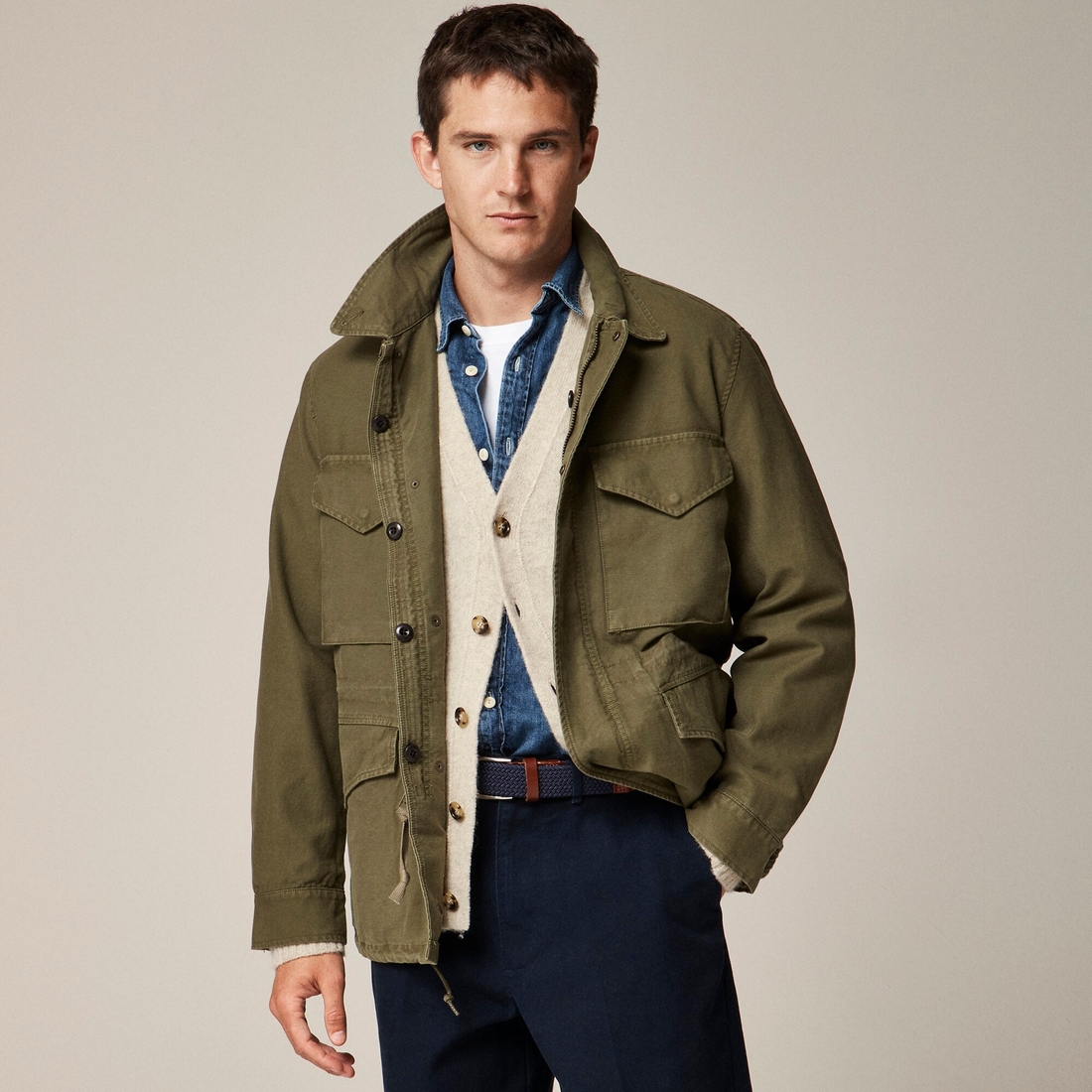 Garment-dyed field jacket in reverse cotton sateen available