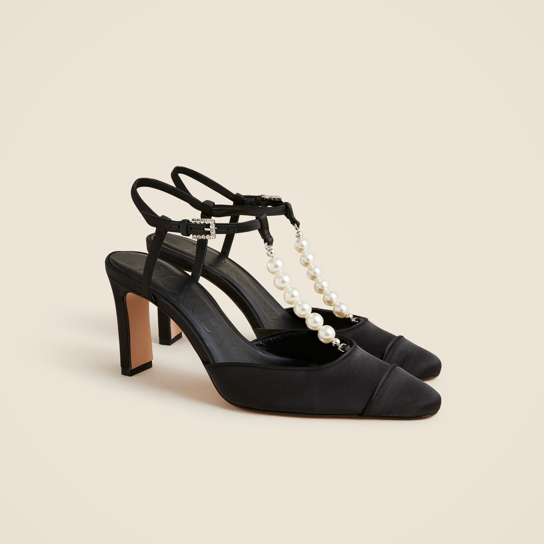 Made-in-Spain Jules pearl-strap pumps in satin available now