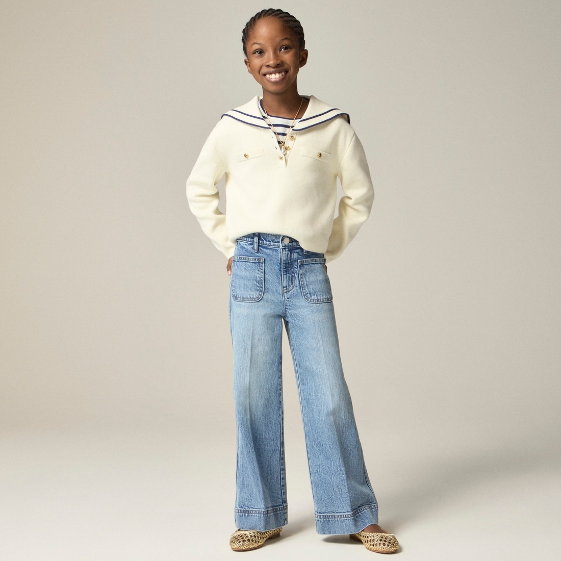 Girls Stretch Denim Wide Leg Pants