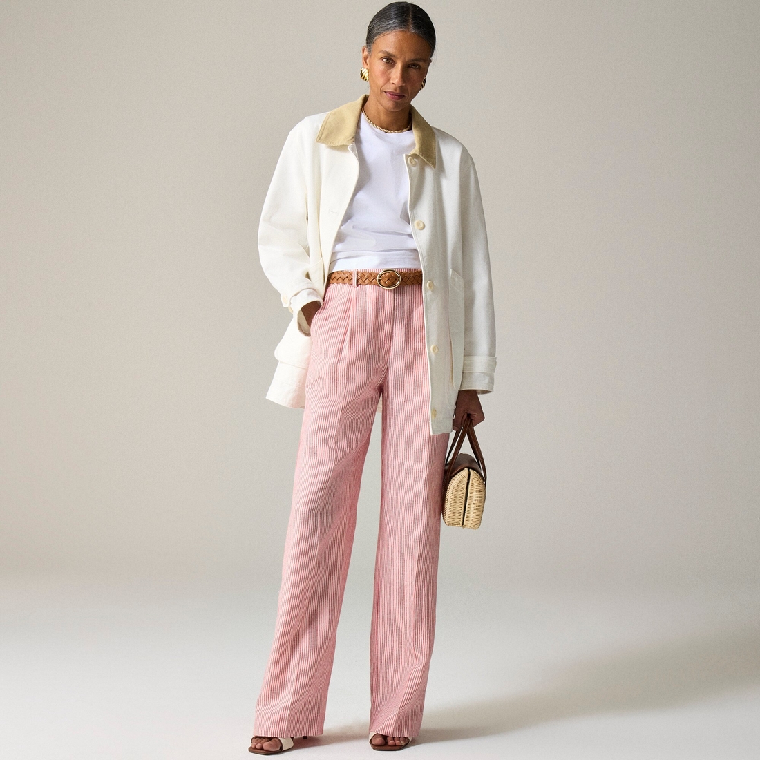Wide-leg Essential pant in striped linen available now at Wide-leg Essential pant in striped linen available now at