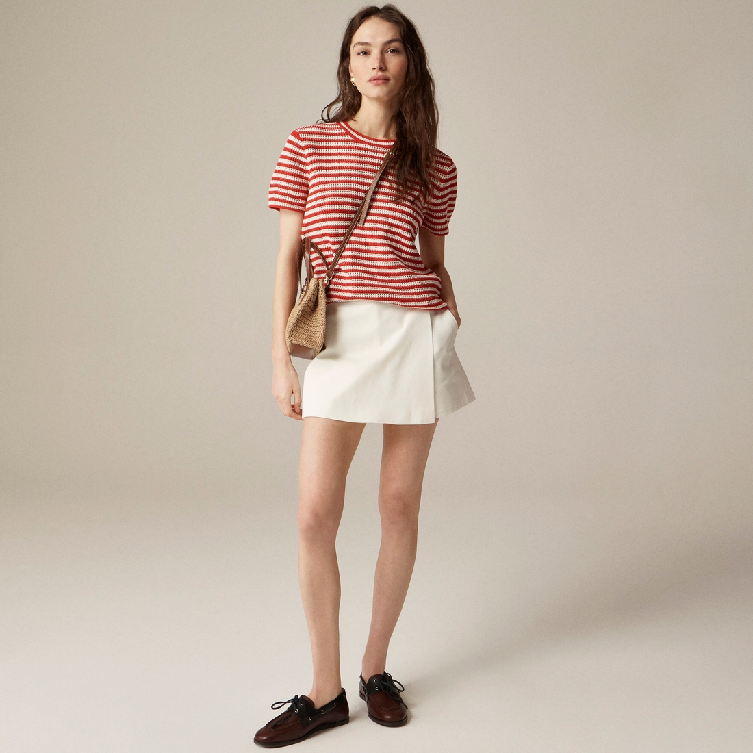 Wrap-front skort in bi-stretch cotton blend available now at Wrap-front skort in bi-stretch cotton blend available now at