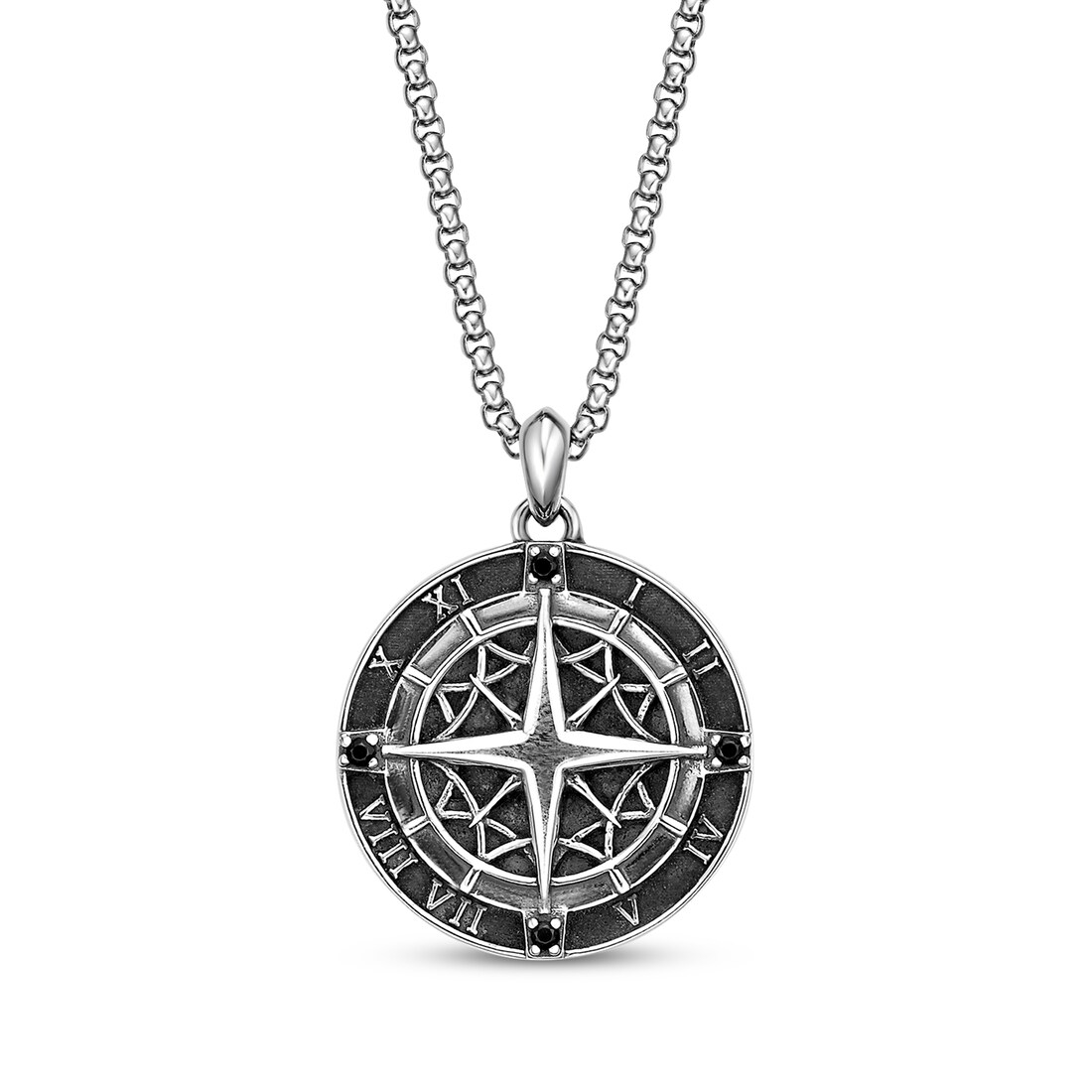 ※H c-boy style (vol.1191) Men's Black Spinel Compass with Roman Numerals Necklace Sterling