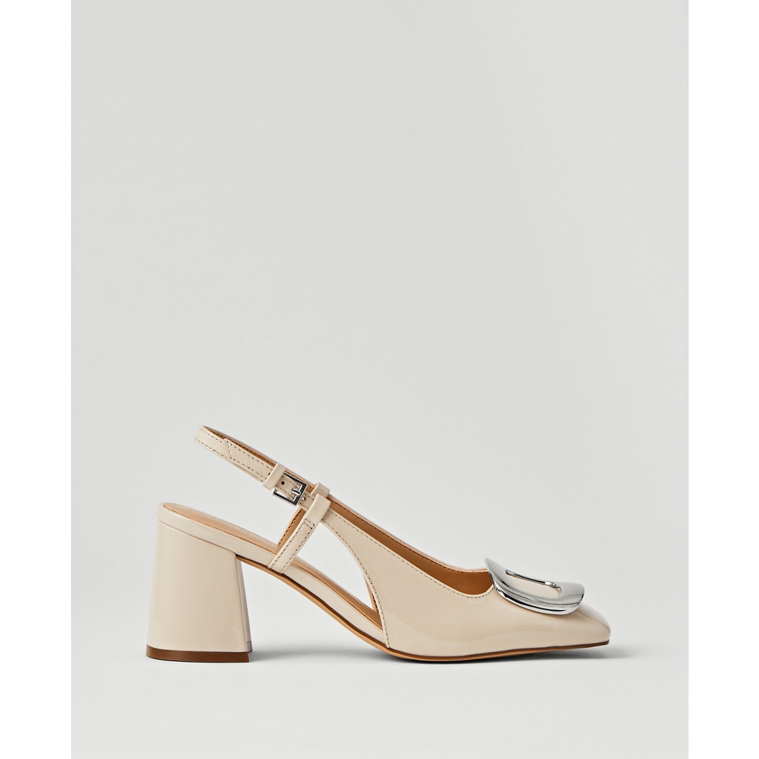 Patent Block Heel Buckle Slingback Pumps available now at