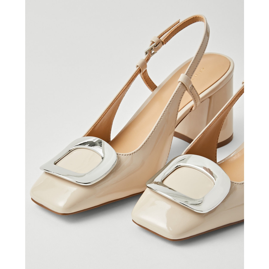 Silver Metallic Buckle-Strap Kitten Heel Slingback Pumps