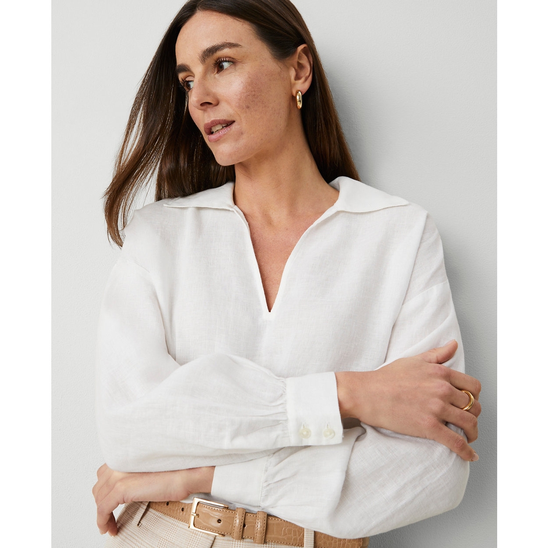 Tall Collared Linen Popover Top available now at The Shops
