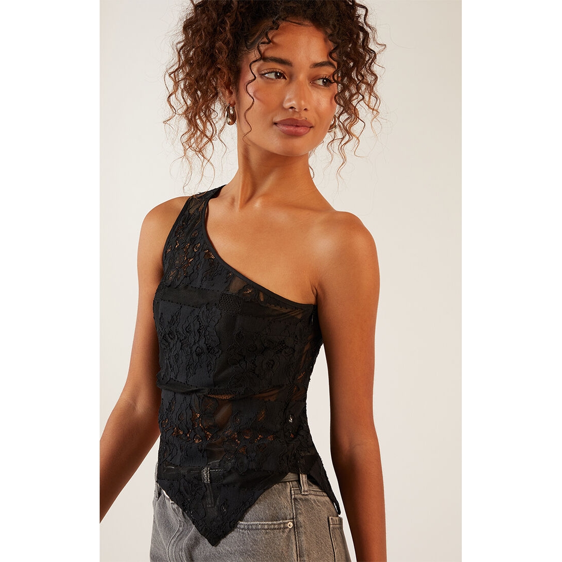 Women's Patchwork Lace One Shoulder Asymmetrical Top available now