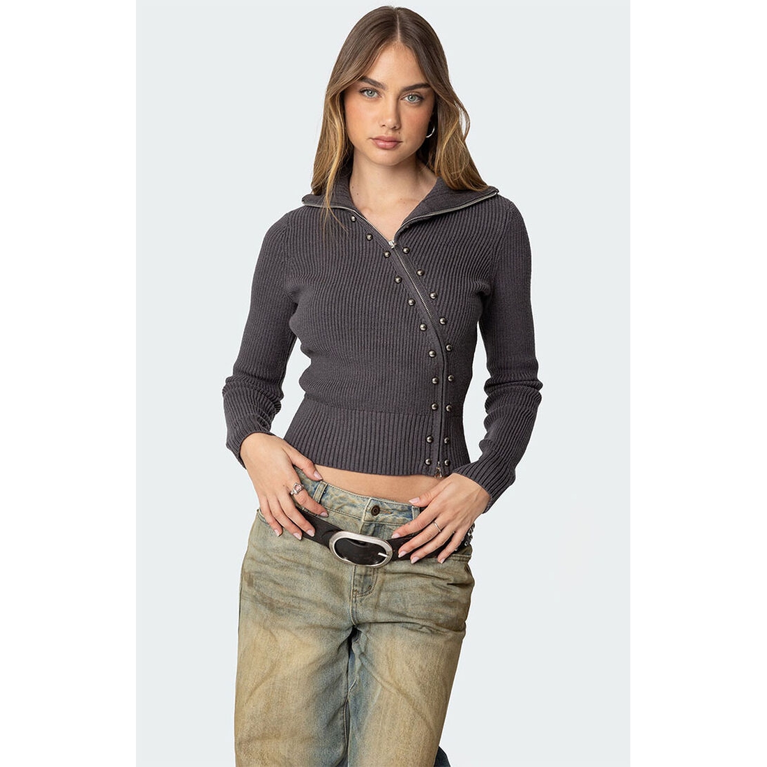 Edikted Women's Ribbed Asymmetric Zip Up Cardigan available now at