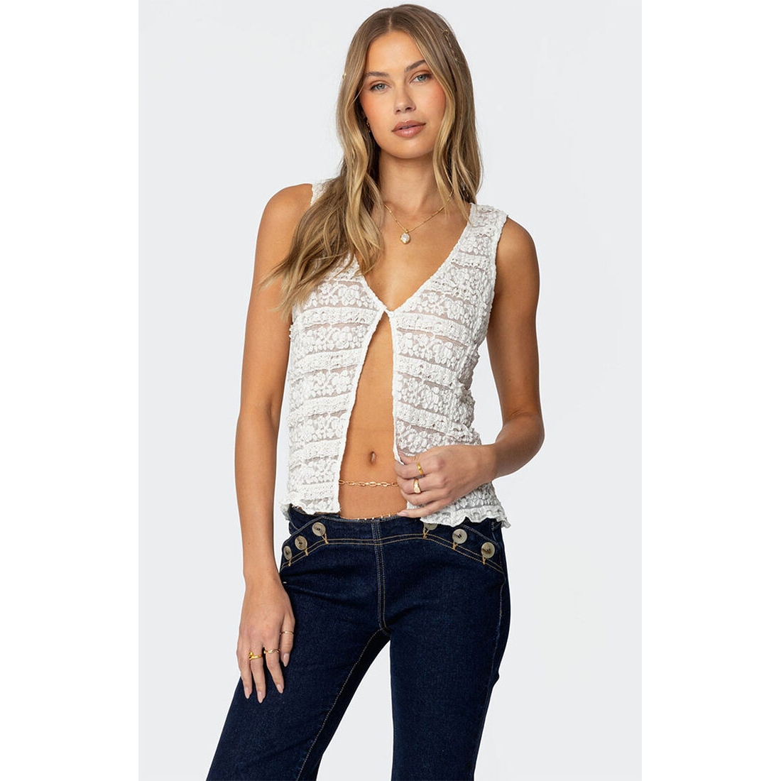 Edikted Women's Evolet Sheer Lace Split Front Top available now at