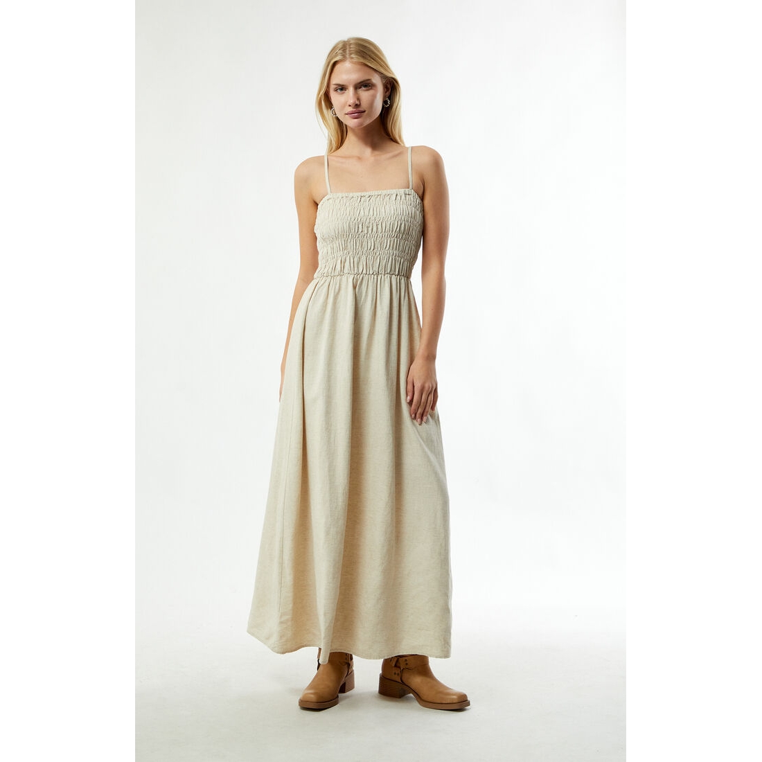 beige shirred dress Beaded bodice A-line chiffon evening prom dress JT210 main image 1
