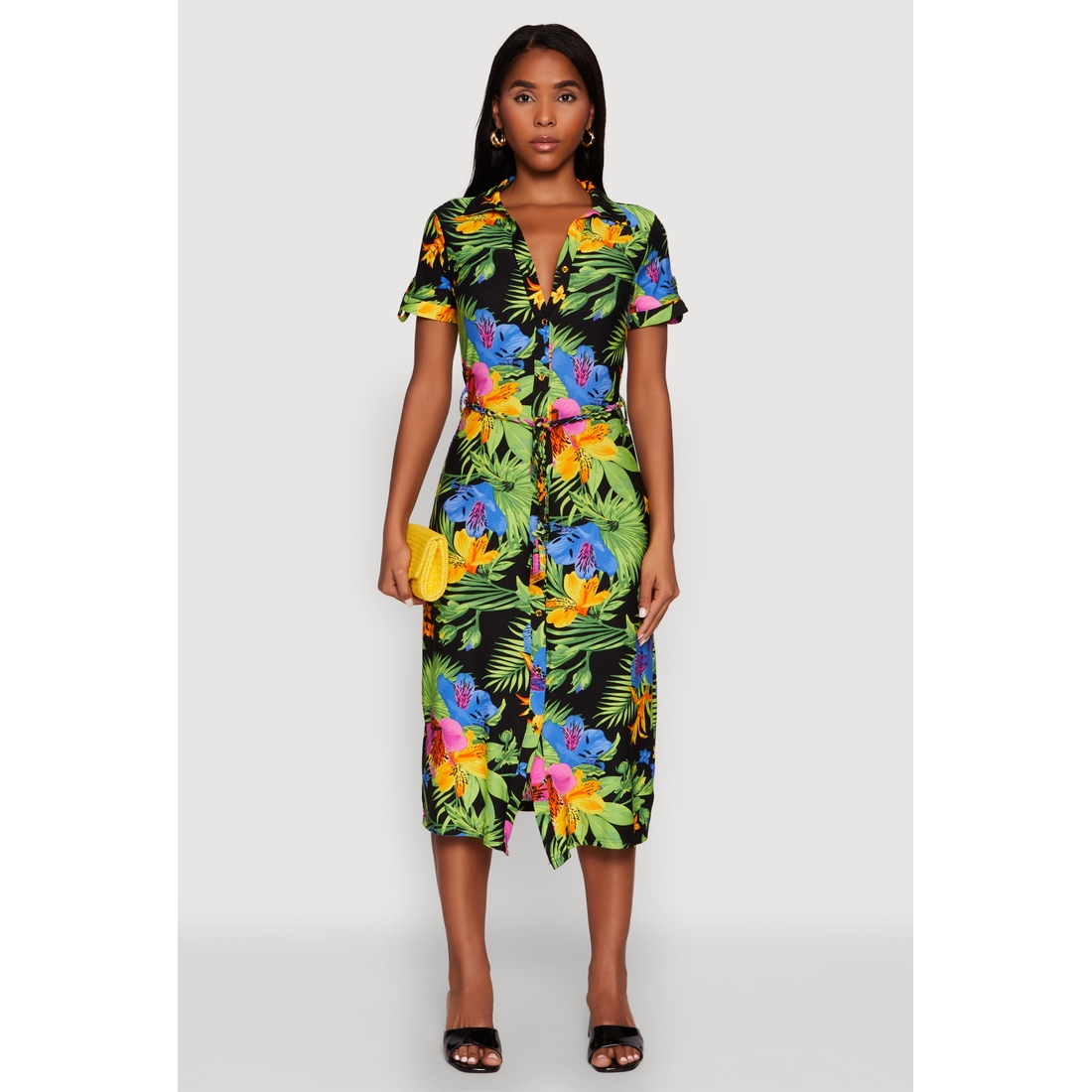 Womens Tropical Floral Print Tie Waist Belted Dress available now at  Williamsburg Premium Outlets