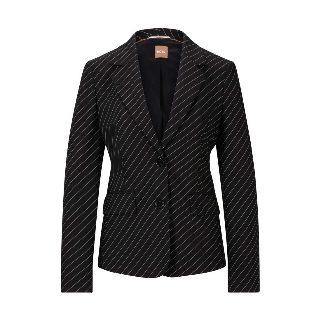Single-breasted jacket in striped stretch wool available now Single-breasted jacket in striped stretch wool available now