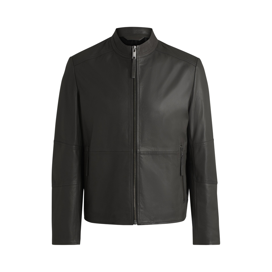 Slim-fit jacket in leather with stand collar available now at