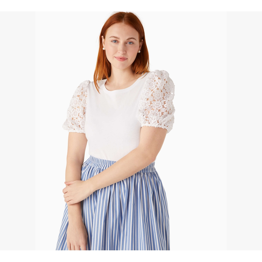 IC Collection Woven Abstract Print Round Neck Long Puff