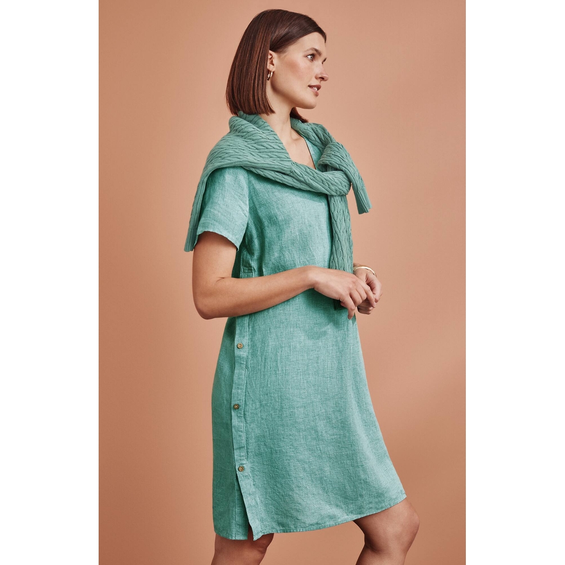 Women's Petite Side-Button Linen V-Neck Dress available now at Del Amo  Fashion Center