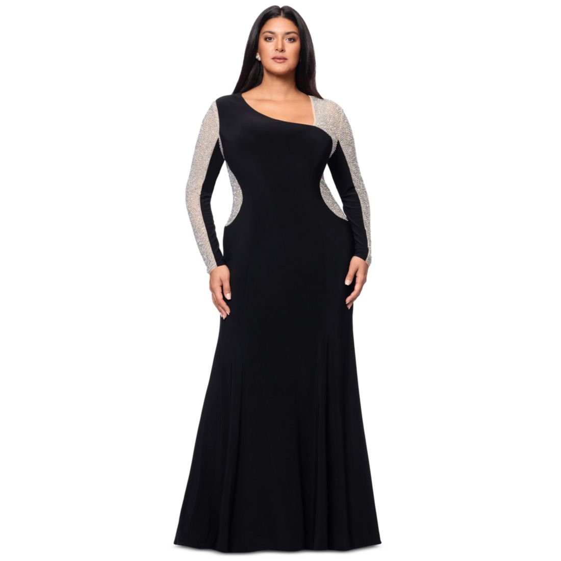 Xscape Plus Size Two-Tone One-Shoulder Asymmetric Gown