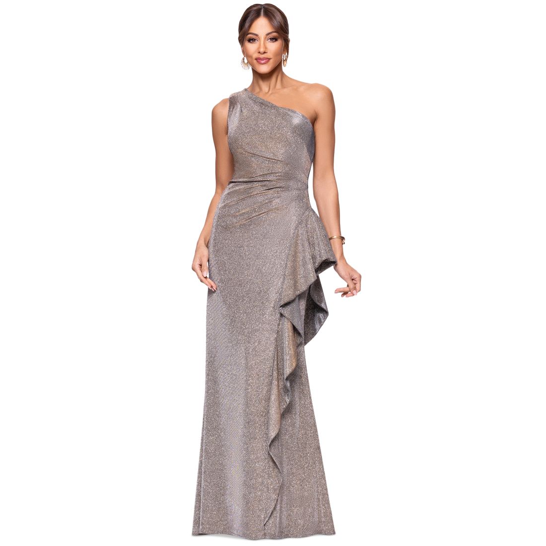 Xscape Women's Glitter Knit One-Shoulder Gown