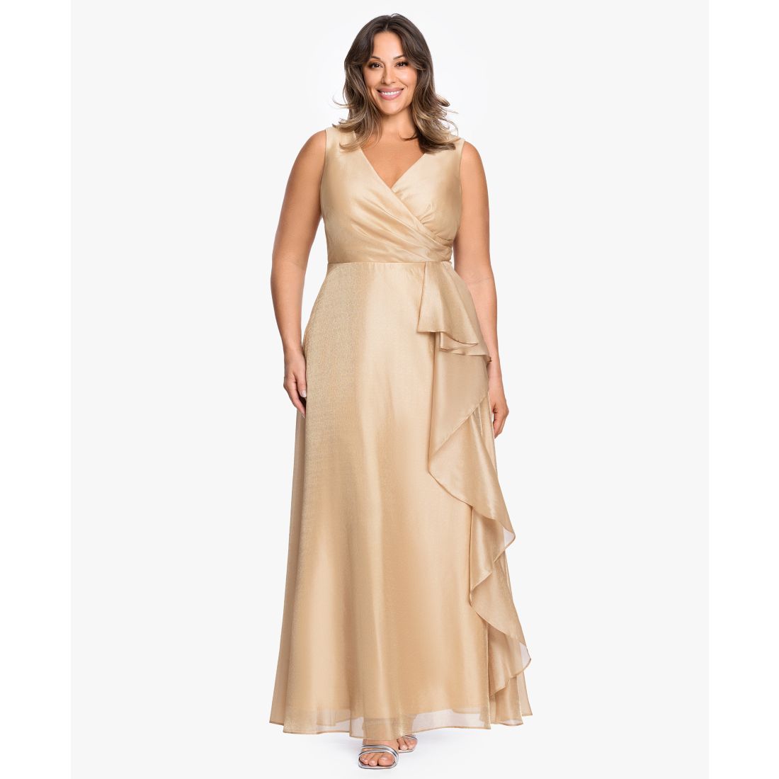Xscape Plus Size V-Neck Jacquard Ruffle Gown