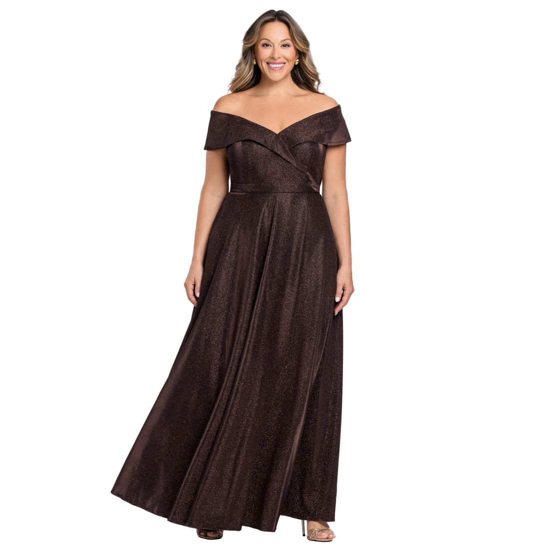 Xscape Plus Size Off-the-Shoulder Glitter Gown