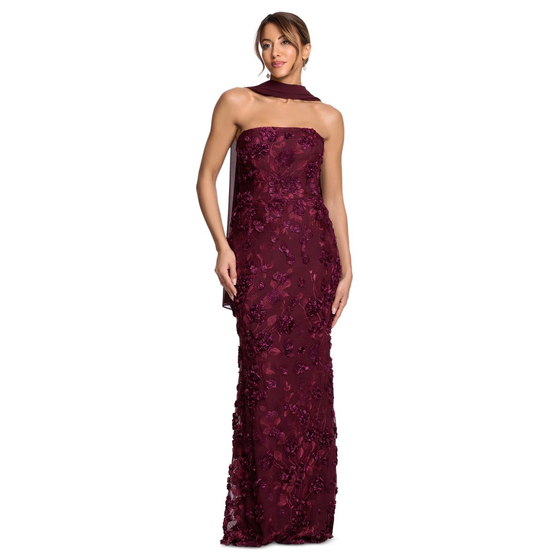 Xscape Women's Power Mesh Strapless Scarf Gown