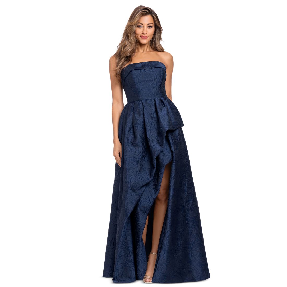 Xscape Women's Brocade Strapless Ruffle Gown