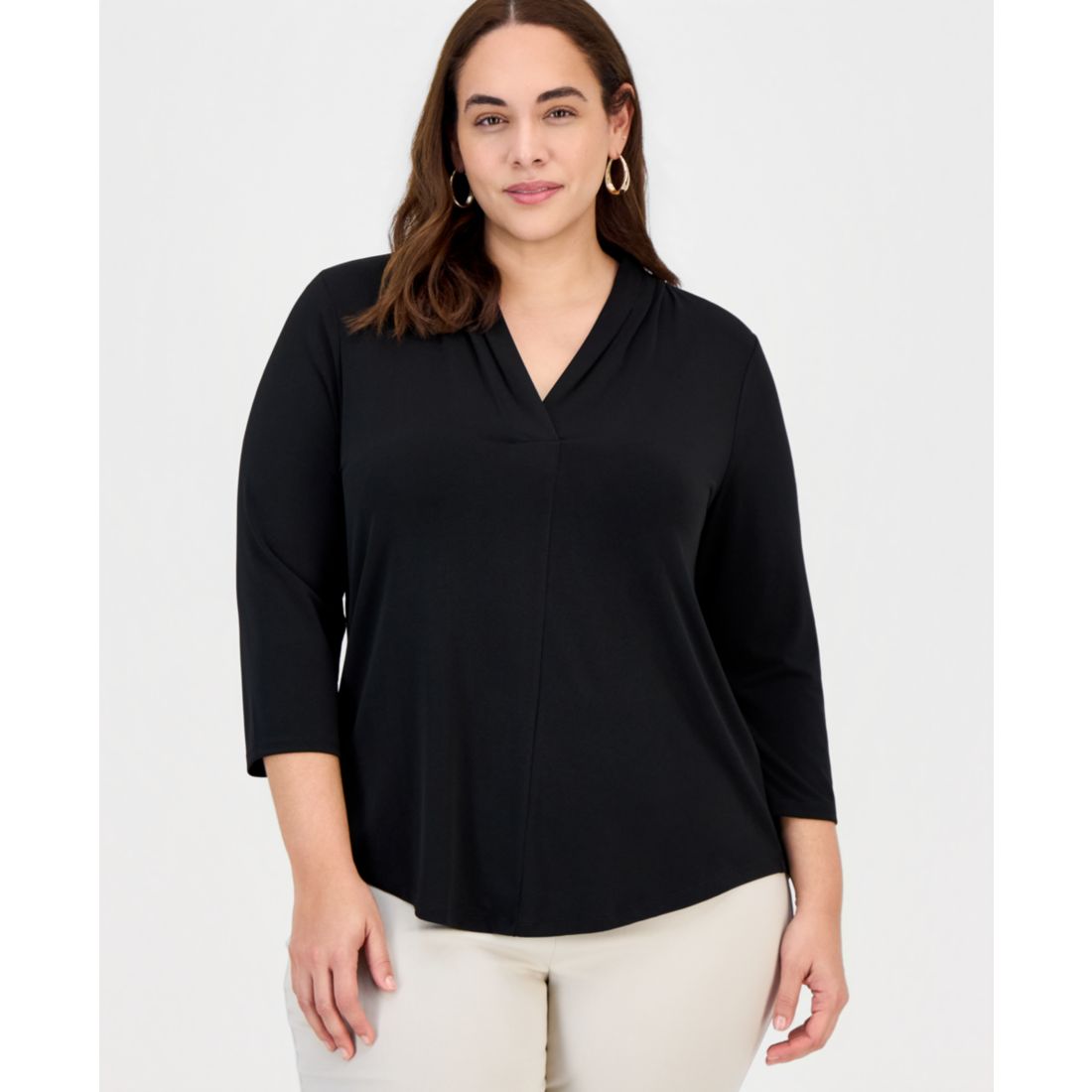 Jm Collection Plus Size Solid V-Neck 3/4-Sleeve Top, Exclusively at Macy's