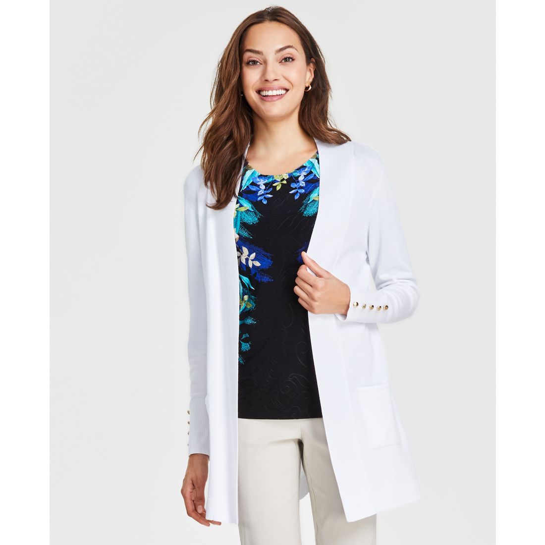 Jm Collection Petite Open-Front Button-Cuff Cardigan Sweater