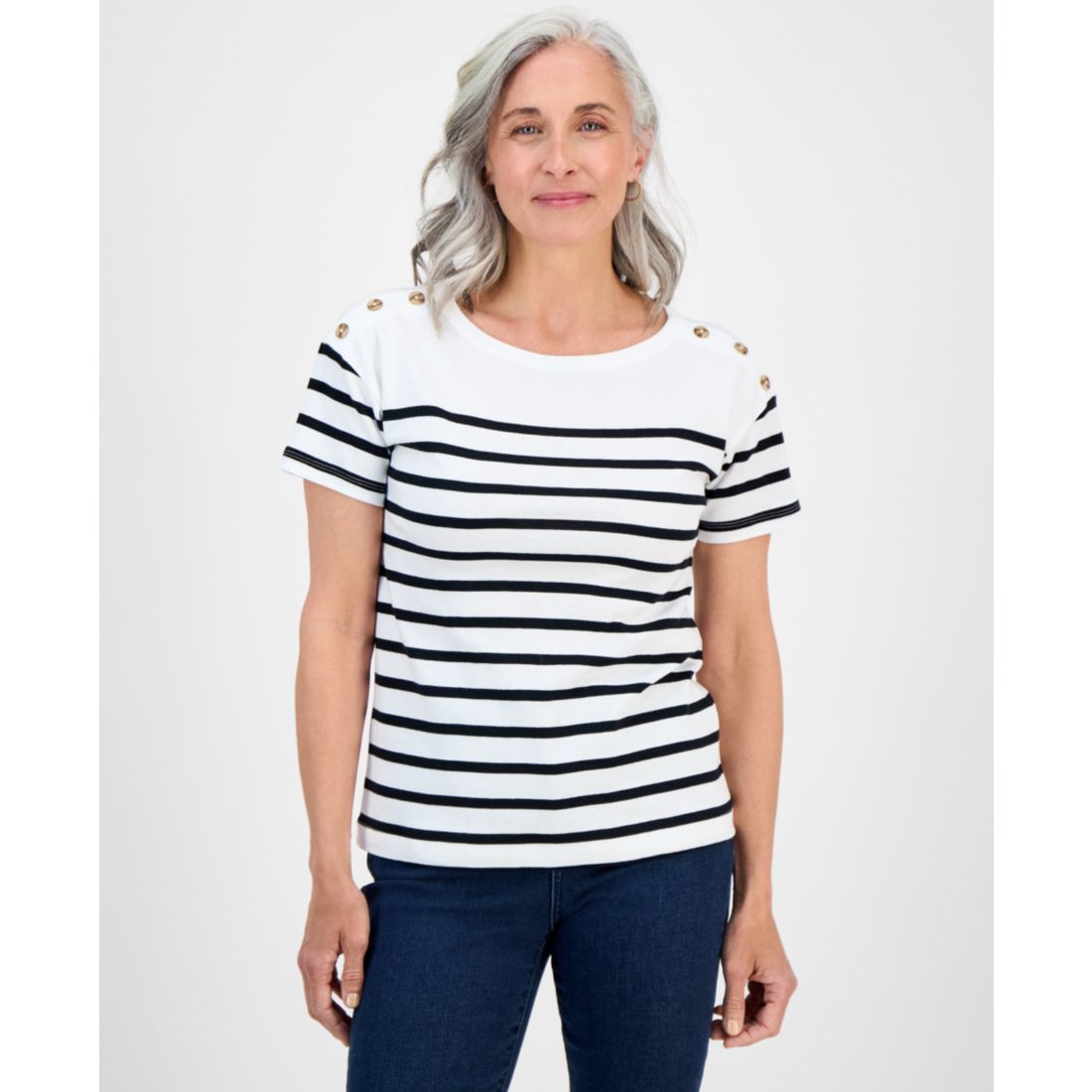 Style & Co Petite Cotton Button-Shoulder Tee, Exclusively at Macy's