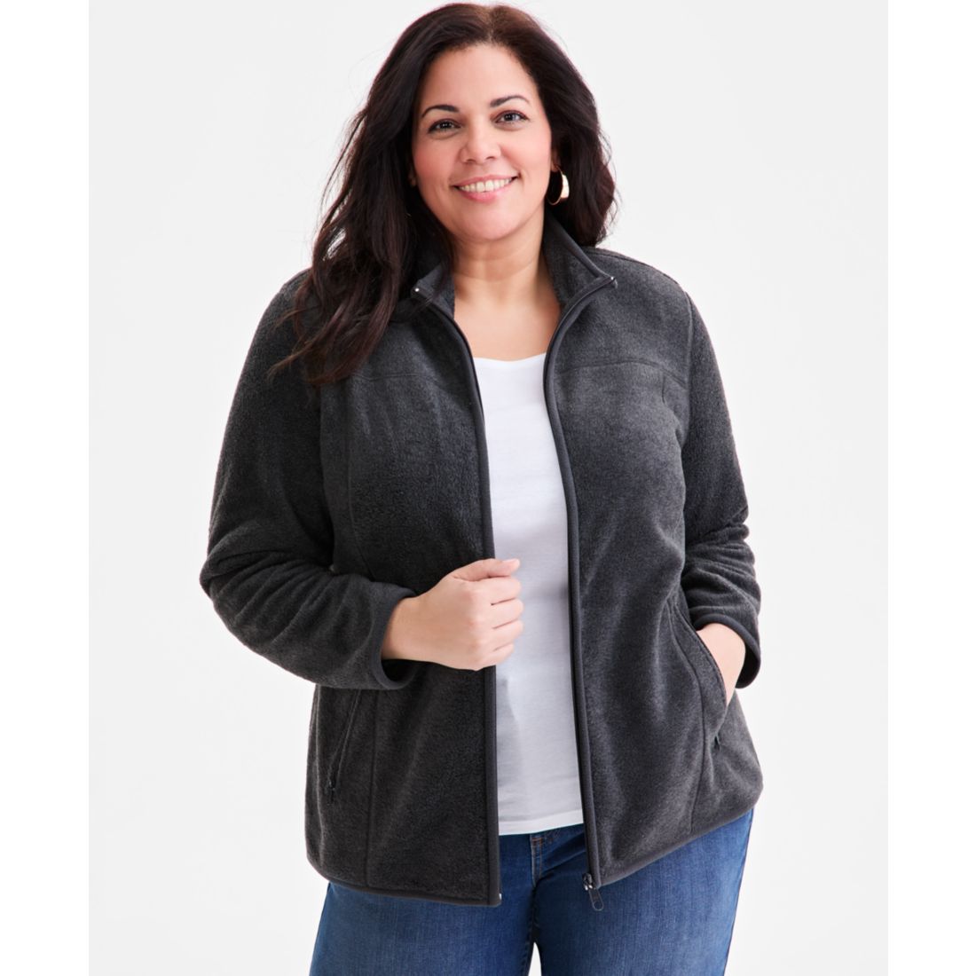 Style & Co Plus Size Solid Polar Fleece Zip-Front Jacket, Exclusively at Macy's