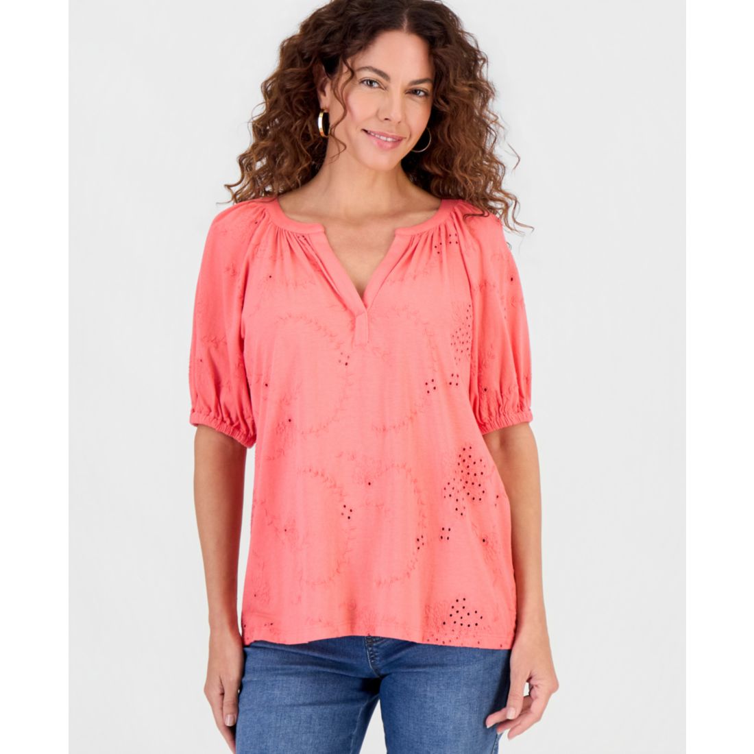 Style & Co Petite Short Flutter-Sleeve Eyelet Top, Macy's Exclusive