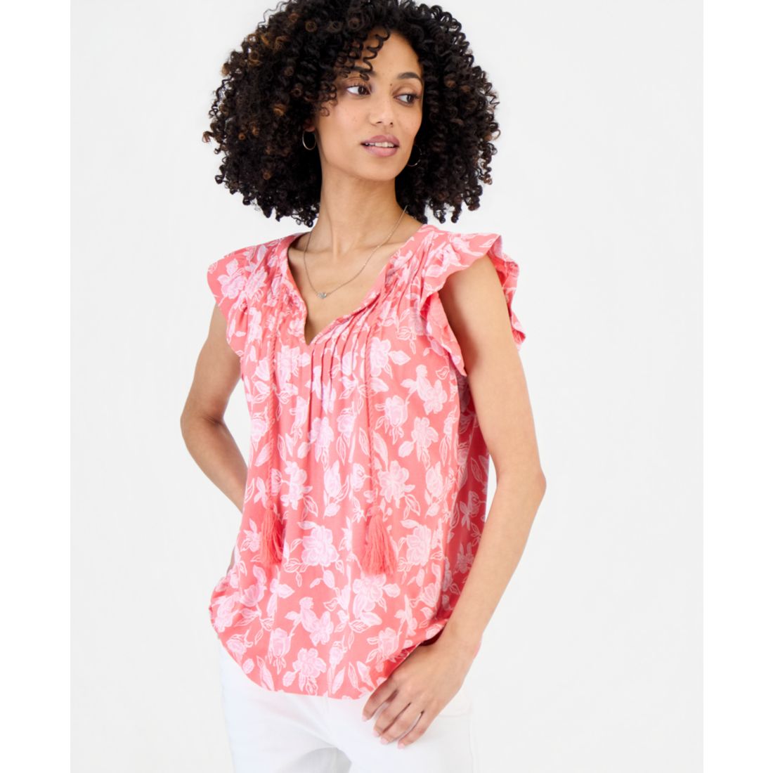 Style & Co Petite Tie-Neck Pintuck-Front Ruffled Top, Macy's Exclusive