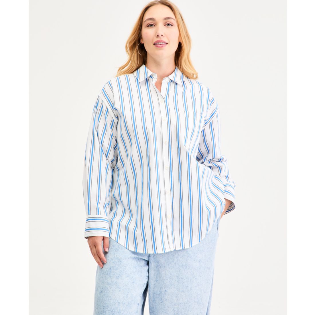 On 34th Plus Size Bayside Stripe Button-Front Cotton Shirt, Macy's Exclusive